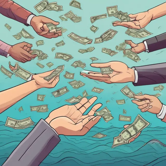 An hand emerging from a sea of possibilities holding various unsecured loans: personal loans, student loans, credit cards, and payday alternatives