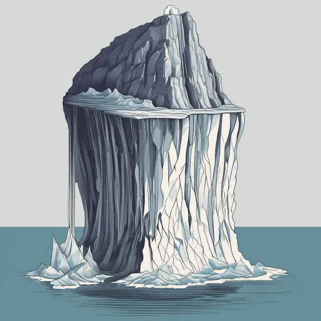 A person standing atop a financial precipice with unsecured debts and a large iceberg of student loans hidden beneath the waterline
