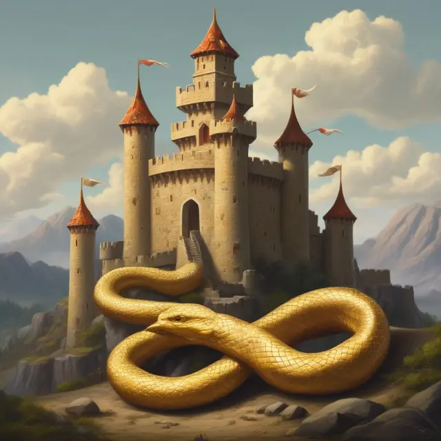 Golden snake approaching a fortified castle in a metaphor for unsolicited bids and hostile takeovers