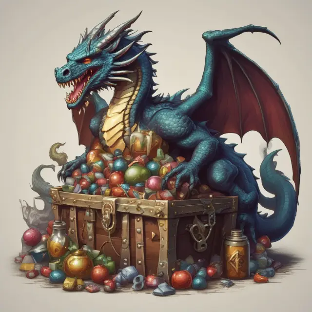 An image of a mythical dragon protecting a treasure chest filled with valuable corporate assets, while holding poison pill vials that deter hostile bidders.