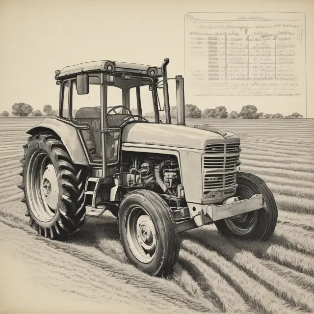 Tractor sale on tax ledger with fields of wheat symbolizing unstated interest