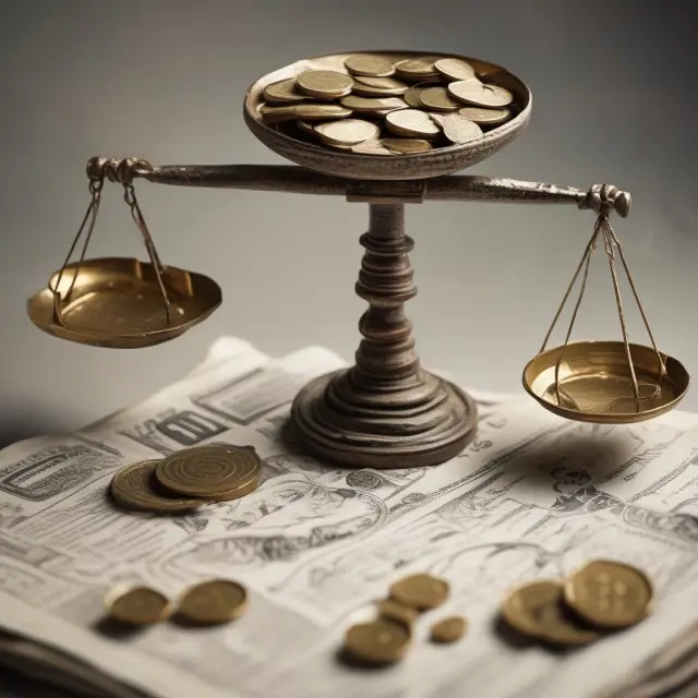 A balance scale holds tax documents while coins subtly release interest income.