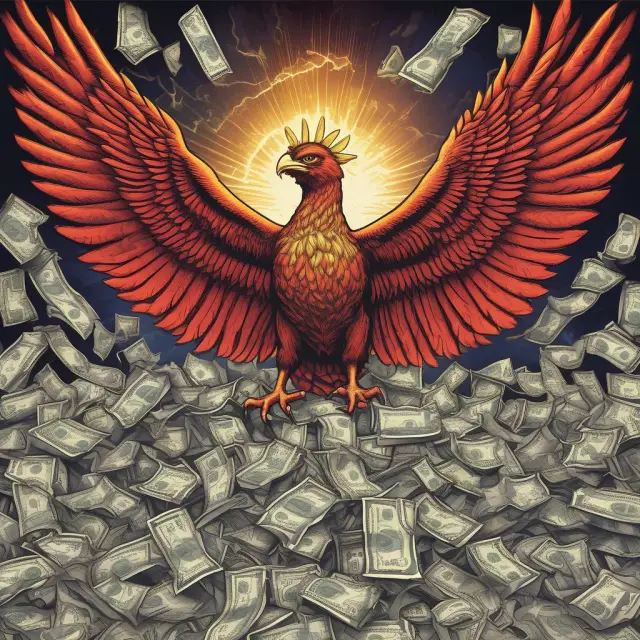 A central bank phoenix emerging from a turbulent sea filled with various global currencies, symbolizing the transformative power of unsterilized foreign exchange interventions