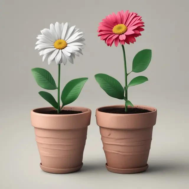 Two potted flowers illustrating IPO and alternative funding methods: one in full bloom from investor capital, while the other flourishes with grants or debt financing