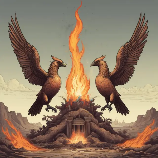 Two mythical birds symbolizing Google, Facebook, and Twitter rising from the ashes of unsubscribed shares, representing their eventual success