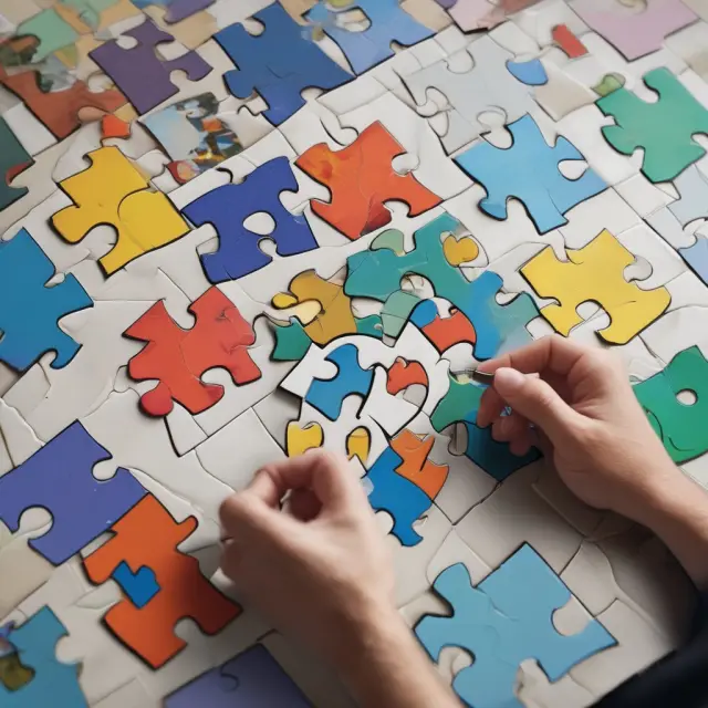 An advisor meticulously sorts through client information, creating a tailored investment strategy using puzzle pieces reflecting their age, income, financial situation, and risk tolerance.