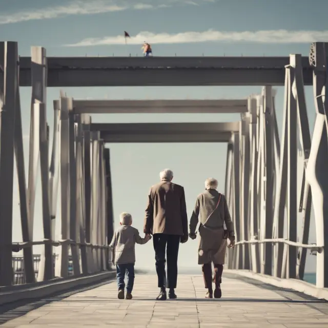 An elderly person and a young adult walk on separate sides of a bridge, representing the distinct investment considerations for different ages