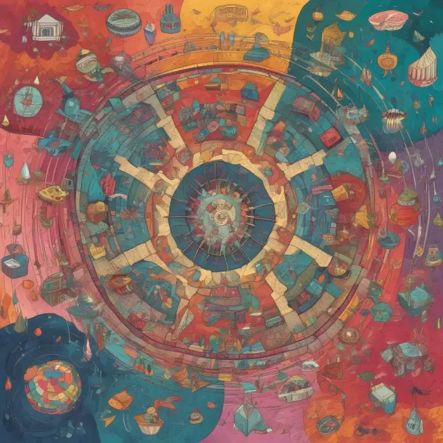 Vibrant kaleidoscope representing various industries facing unique risks. Diversification hand trying to balance the chaos.