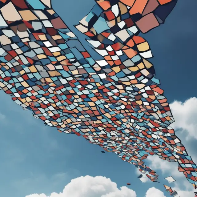 An array of diverse mosaic tiles falling gently from a volatile sky, representing the impact of diversification and asset allocation on managing unsystematic risk.