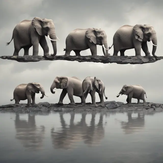 Elephants symbolize industries. Tectonic plate shifts represent unsystematic risks. Diverse elephants demonstrate resilient industries.