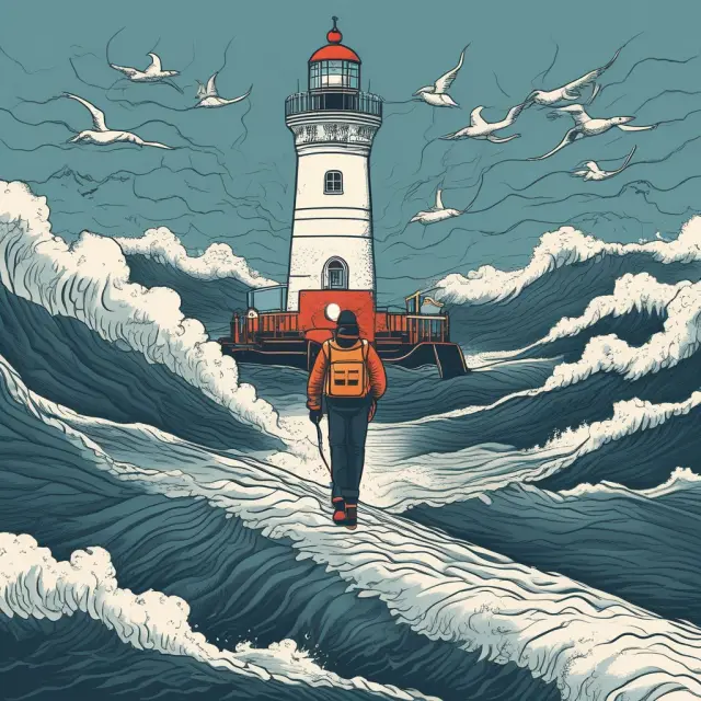 An investor navigating stormy waters, employing strategies like diversification, insurance, hedging, risk budgeting, and monitoring to mitigate unsystematic risk.
