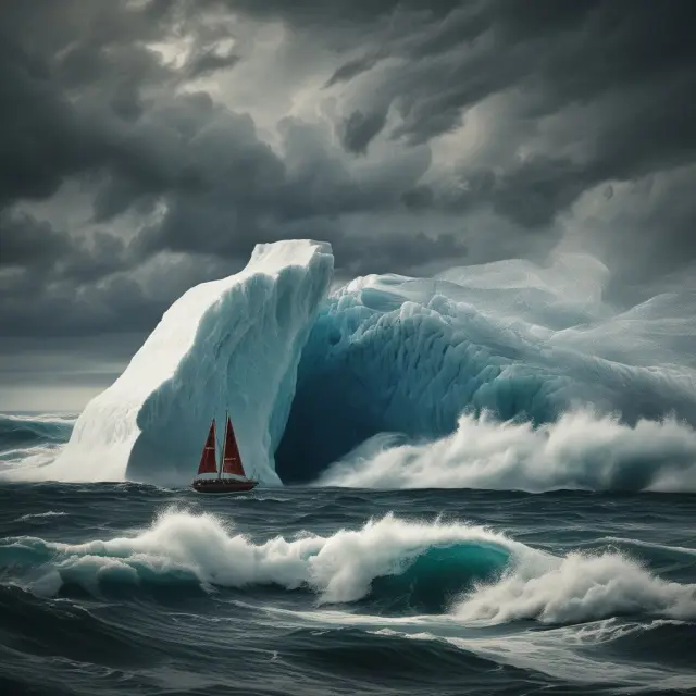 A stormy sea parts to reveal a melting iceberg, which reveals a balance sheet indicating unusual items like hurricane damages, asset write-offs, and lawsuit settlements