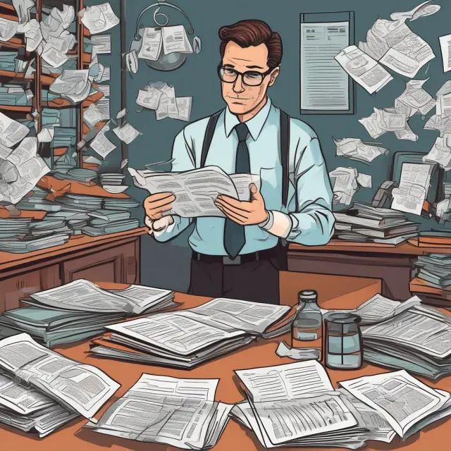 An accountant examines a financial report with a whirlwind of unusual items swirling around, focusing on calculating debt covenants.