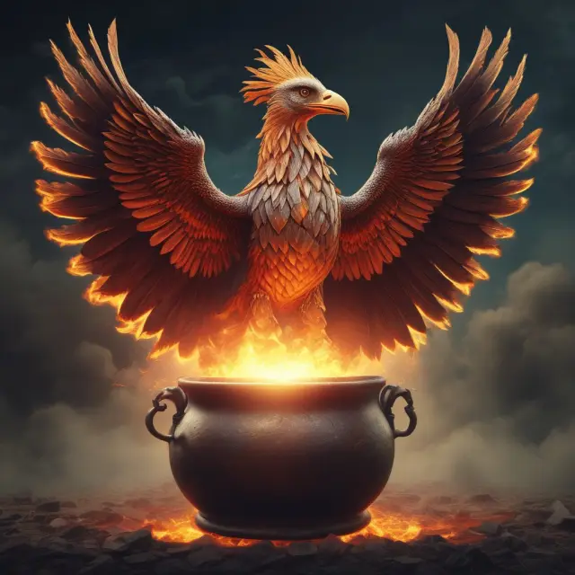 An image of a phoenix rising from a cauldron filled with up-and-in options contracts, illustrating their transformative investment possibilities