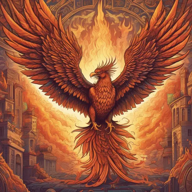 A mythical phoenix in a bustling marketplace, representing up-and-out options