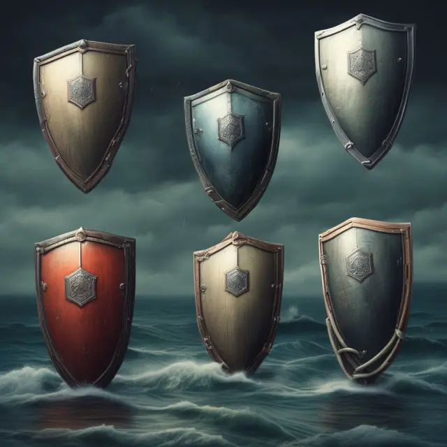 Protective shields representing risk management strategies guarding up-and-out options amidst turbulent financial waters