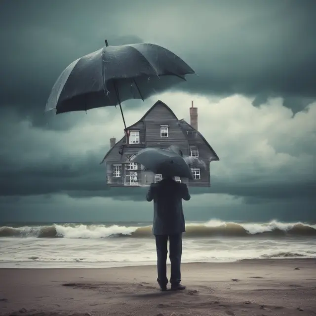 An image of a lender protecting a home against a stormy sea, symbolizing potential borrower risks, with an umbrella labeled 