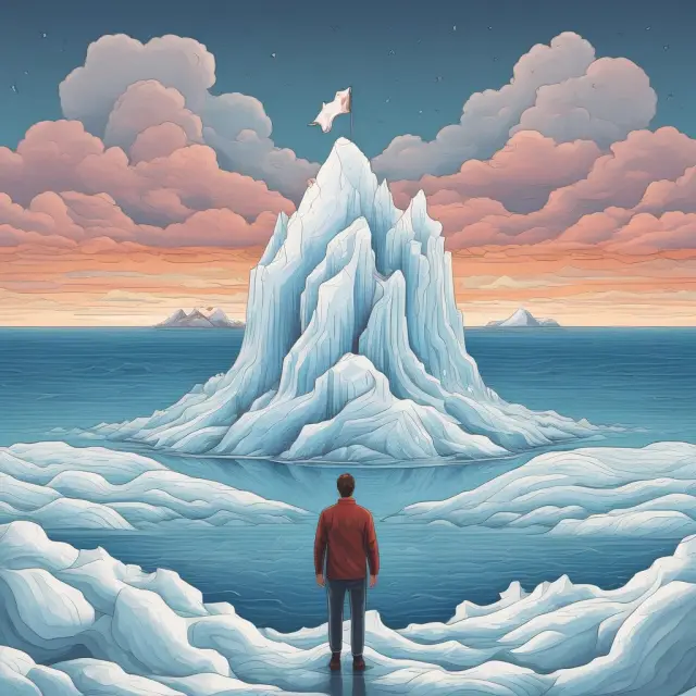 Borrower exploring conventional loans and larger down payment strategies to navigate the sea of mortgage options, with UFMI represented as a large iceberg that can be surmounted through persistence