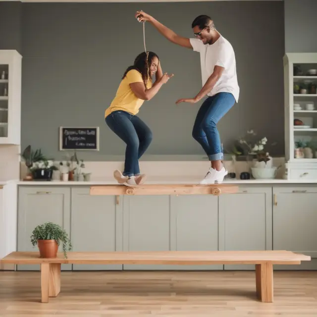 A homeowner balances on a beam, adjusting their FHA loan