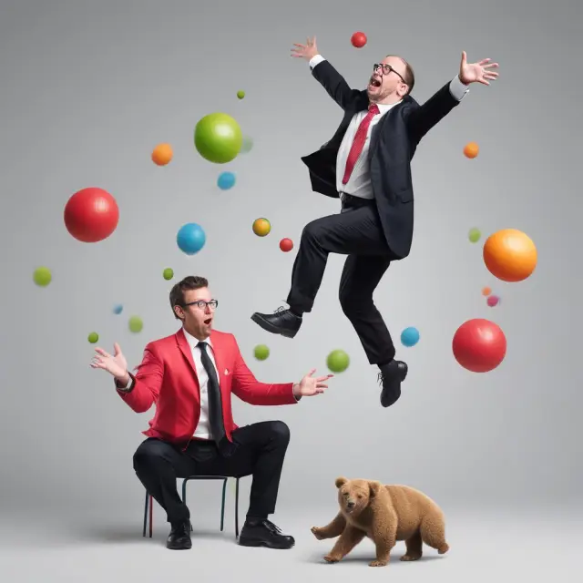 A fund manager, John, juggles bull and bear market balls, emphasizing the importance of evaluating both up-market and down-market performance in investment analysis.