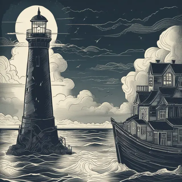 A sailor maneuvering a ship through market waves while keeping an eye on a lighthouse representing an index, symbolizing the calculation of up-market capture ratios.