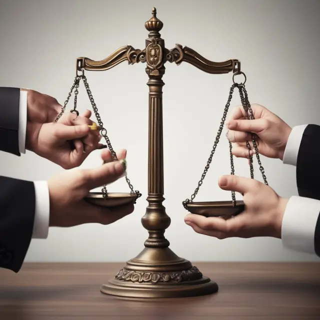 A hand of justice holding scales signs a contract, representing the importance of voluntary agreement in prenups.