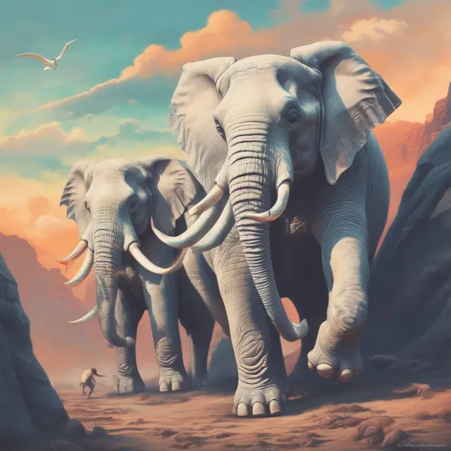 Three powerful white elephants crossing an uplifting bullish gap in a financial chart