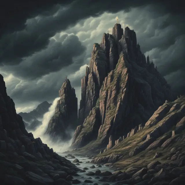 Bearish storm clouds gather, forming a gap above a steep cliff, while black candles signal the continuation of a downtrend.