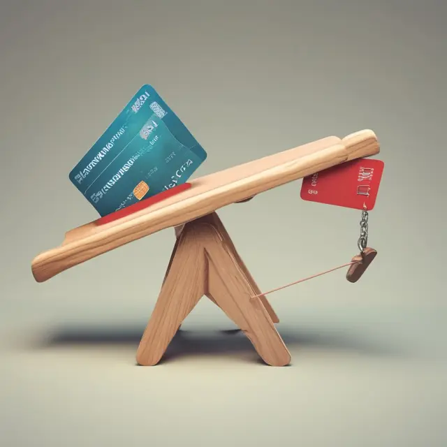 A credit card on a seesaw balancing between a high and low interest rate. The visual representation illustrates the borrower