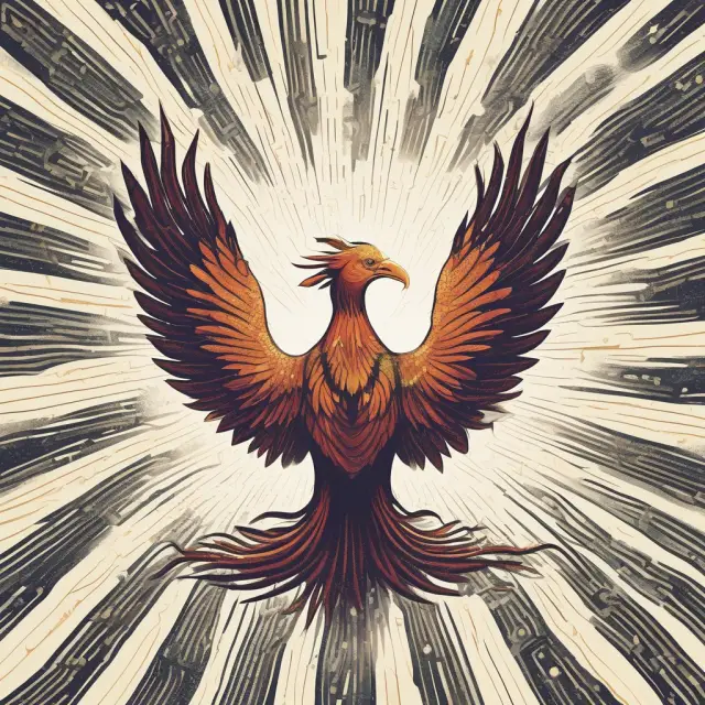 Phoenix emerging from data lake, representing stock upgrades through quantitative and qualitative improvements