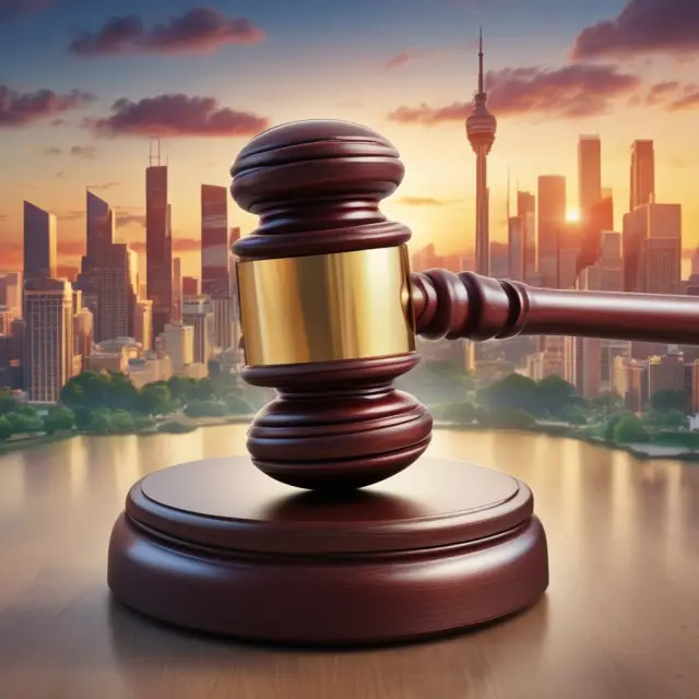 An analyst wielding a gavel raises it to strike a glowing stock symbol, symbolizing an upgrade. A vibrant city skyline representing the market rises behind them
