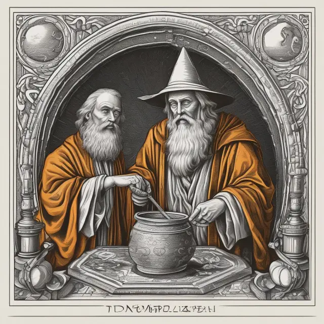 An analyst, depicted as an alchemist, transmuting financial stocks into gold with upgrade recommendations