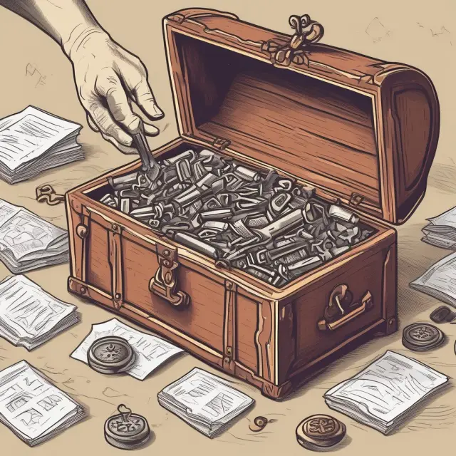 A person sits before an open treasure chest, surrounded by piles of papers and keys, signifying the Uphold account creation and verification processes