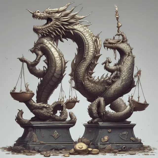 Two majestic dragons representing Uphold and Coinbase, one revealing its transparent fee structure while the other conceals hidden treasures