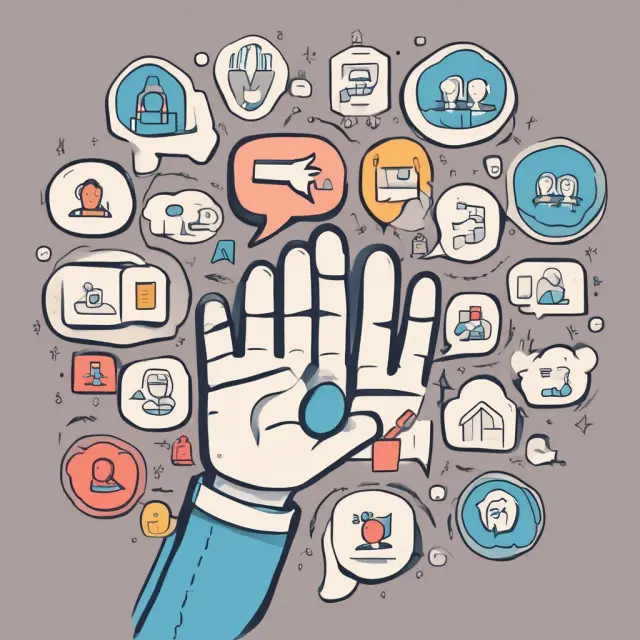 An image of a helping hand with outstretched fingers representing various resources like tutorials, FAQ, and forums, enclosed in chat bubbles for customer support.