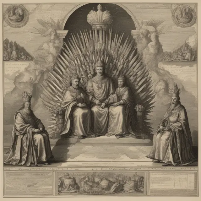 An image featuring nobility sitting on thrones surrounded by historic maps, emphasizing their control over resources and societal influence in the definition of the upper class