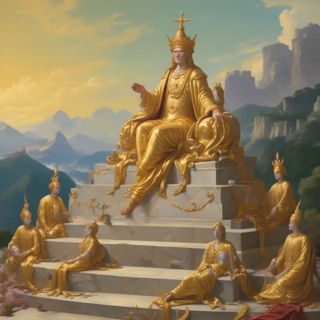 Golden elites standing tall on a mountain, symbolizing their disproportionate economic wealth and political influence.