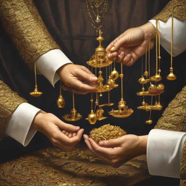 Image of golden nobles pulling strings on various levers, representing their control over markets and businesses