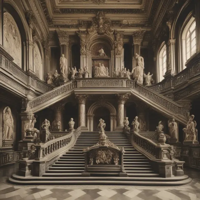 Ornate staircase with aristocrats climbing towards a golden crown: Metaphorically illustrating the pursuit of social status and power within the upper class