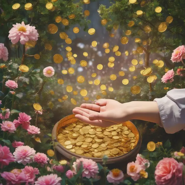 An image of gilded hands releasing golden coins into a flourishing garden, illustrating the philanthropic efforts and charitable contributions made by members of the upper class.