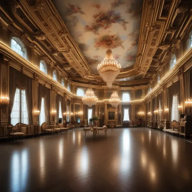 An elegant ballroom populated by aristocrats in Victorian attire, representing the traditional upper class