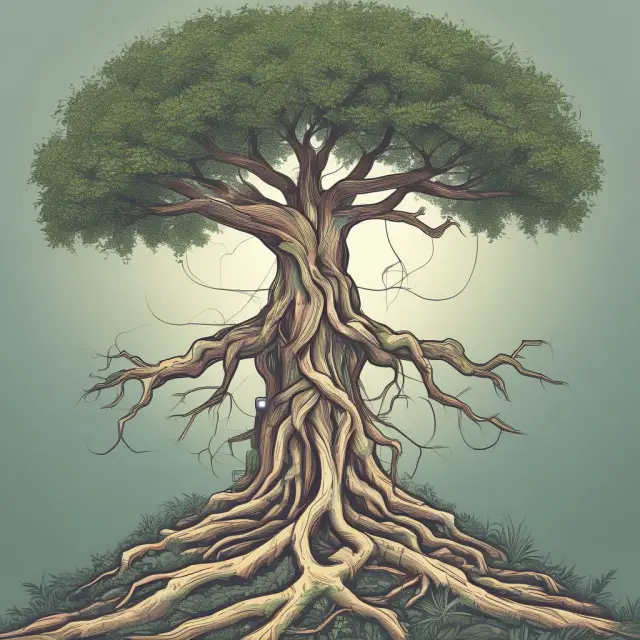 An image depicting a tree with IT roots intertwining with a growing business tree, symbolizing the CIO