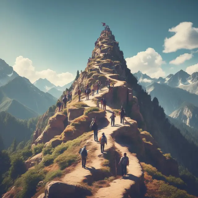 A diverse group of professionals climbing a mountain, each representing a different path to upper management positions: CEO, CFO, COO, and CIO.