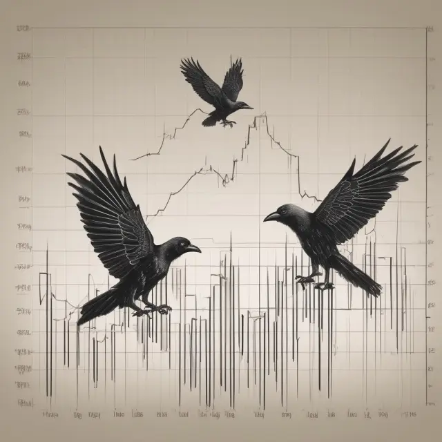 Two crows symbolizing Upside Gap Two Crows pattern, with a market graph indicating potential price reversal