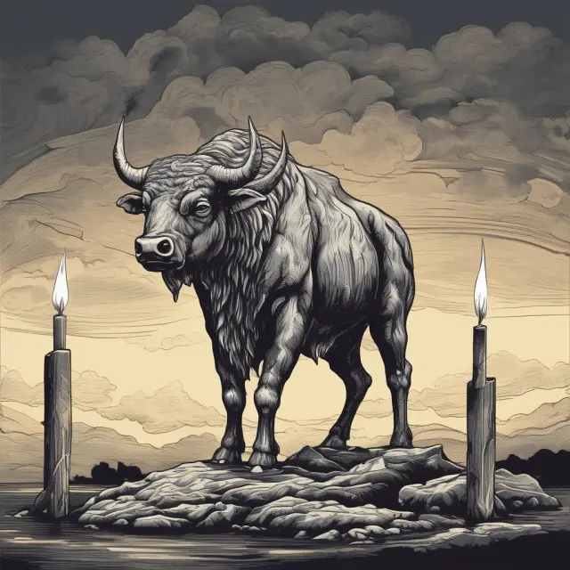 A large bullish candle with a dark, stormy sky looming overhead, threatening to engulf the bullish candle in bearish clouds