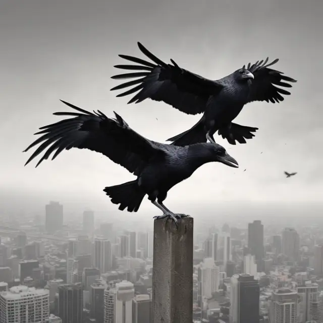 Two birds observing turbulent financial charts, representing uncertain price movements and the need for caution