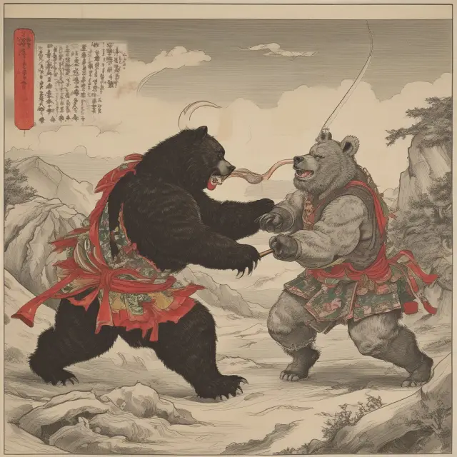 An illustration of a samurai bear and bull clashing on a Japanese scroll, symbolizing the historical origin of the Upside Tasuki Gap in technical analysis.