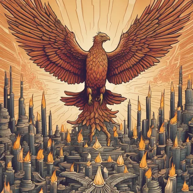 A phoenix, representing the Upside Tasuki Gap, rising above a sea of candlesticks, emphasizing its significance in confirming bullish price action and market strength.