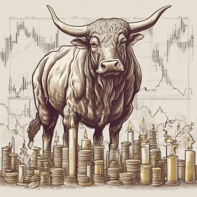 A determined bull trader analyzes the Upside Gap Three Methods pattern in a sea of bullish candlesticks, with gold coins representing profits