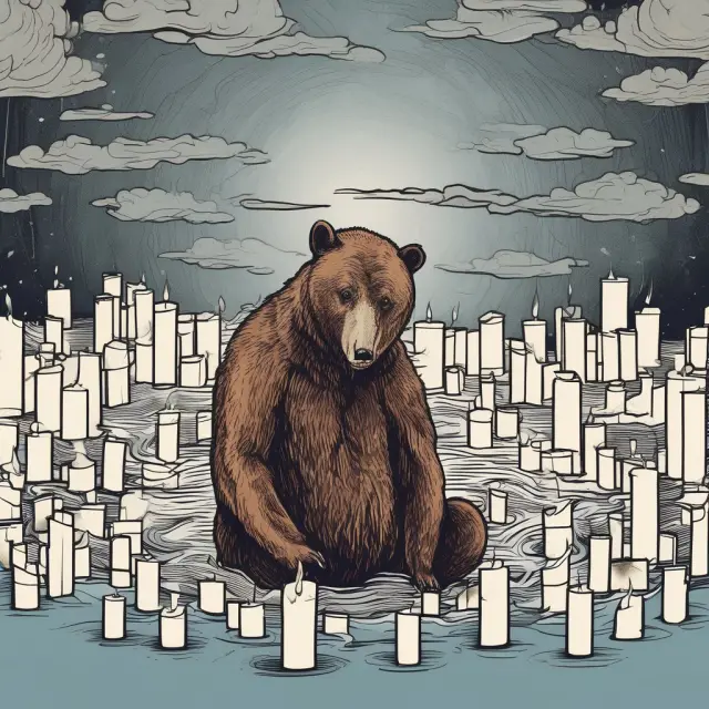 A bearish trader observes the Downside Gap Three Methods pattern during a downtrend, with fearful eyes and binoculars focused on candles, as the sea below symbolizes market fluctuations
